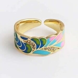 Gold Tone Enamel Blue Green Pink Leaf Feather Ring Adjustable Open Band